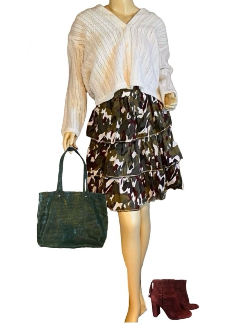 LANE BRYANT GOLD TRIM GREEN & MAROON CAMOUFLAGE RUFFLE COTTON SKIRT (22/24)